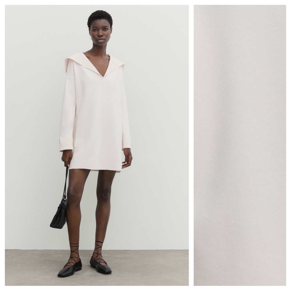 NWT. Massimo Dutti Cream Knit Short Dress with Sailor Collar. Size M.